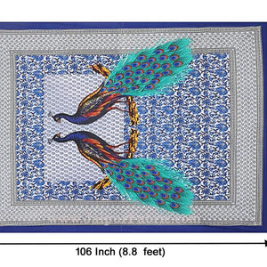 Blue Border Indigo Blue Two Large Peacock Pigment Print Cotton Double Bedsheet