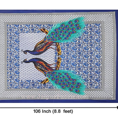 Blue Border Indigo Blue Two Large Peacock Pigment Print Cotton Double Bedsheet