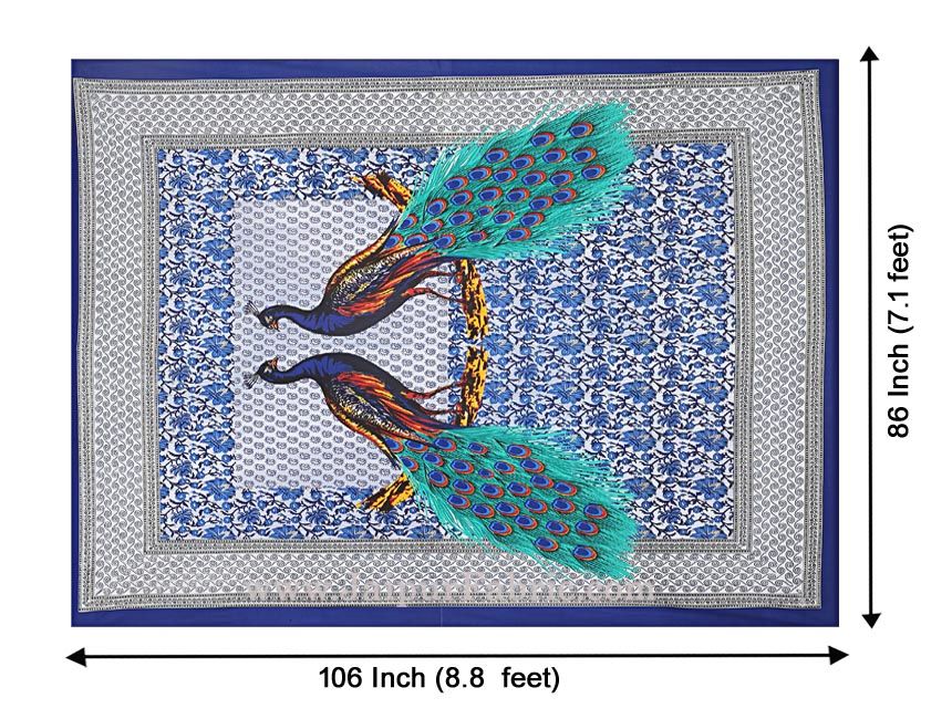 Blue Border Indigo Blue Two Large Peacock Pigment Print Cotton Double Bedsheet
