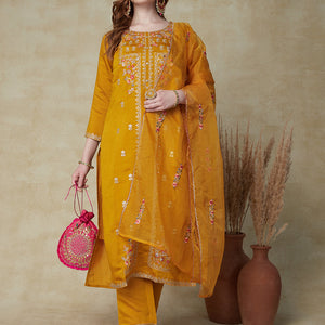 Solid Mirror, Zari & Resham Embroidered Kurta With Pants & Embroidered Dupatta - Mustard