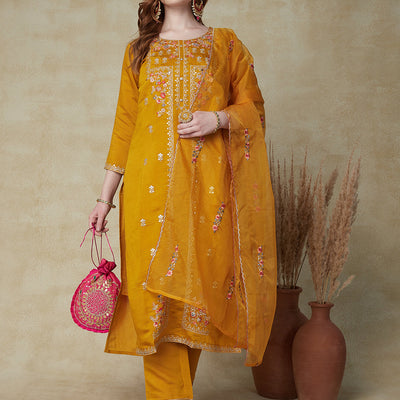 Solid Mirror, Zari & Resham Embroidered Kurta With Pants & Embroidered Dupatta - Mustard