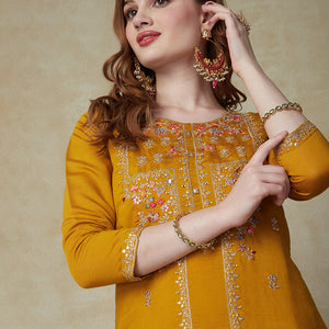Solid Mirror, Zari & Resham Embroidered Kurta With Pants & Embroidered Dupatta - Mustard