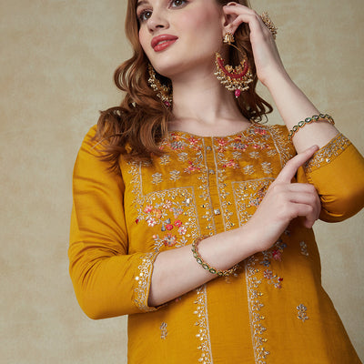 Solid Mirror, Zari & Resham Embroidered Kurta With Pants & Embroidered Dupatta - Mustard