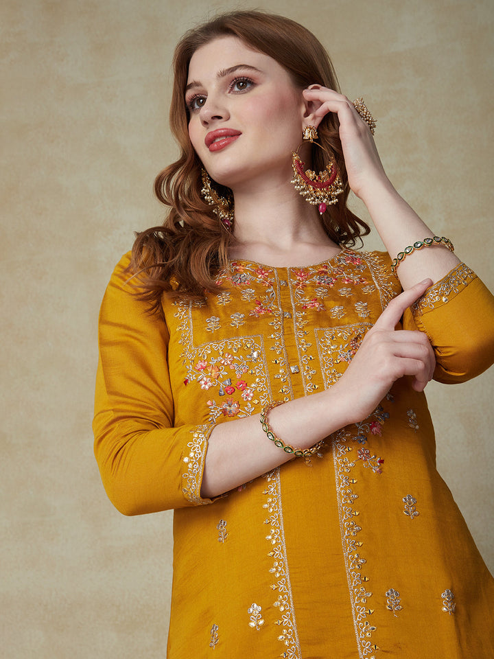 Solid Mirror, Zari & Resham Embroidered Kurta With Pants & Embroidered Dupatta - Mustard