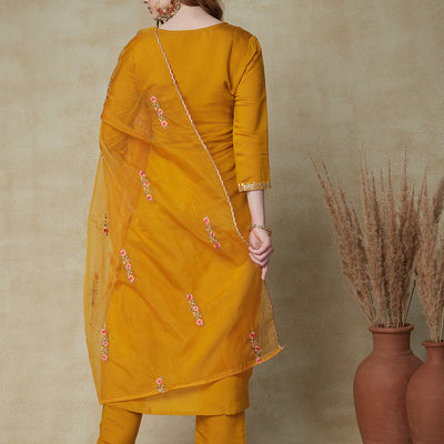 Solid Mirror, Zari & Resham Embroidered Kurta With Pants & Embroidered Dupatta - Mustard