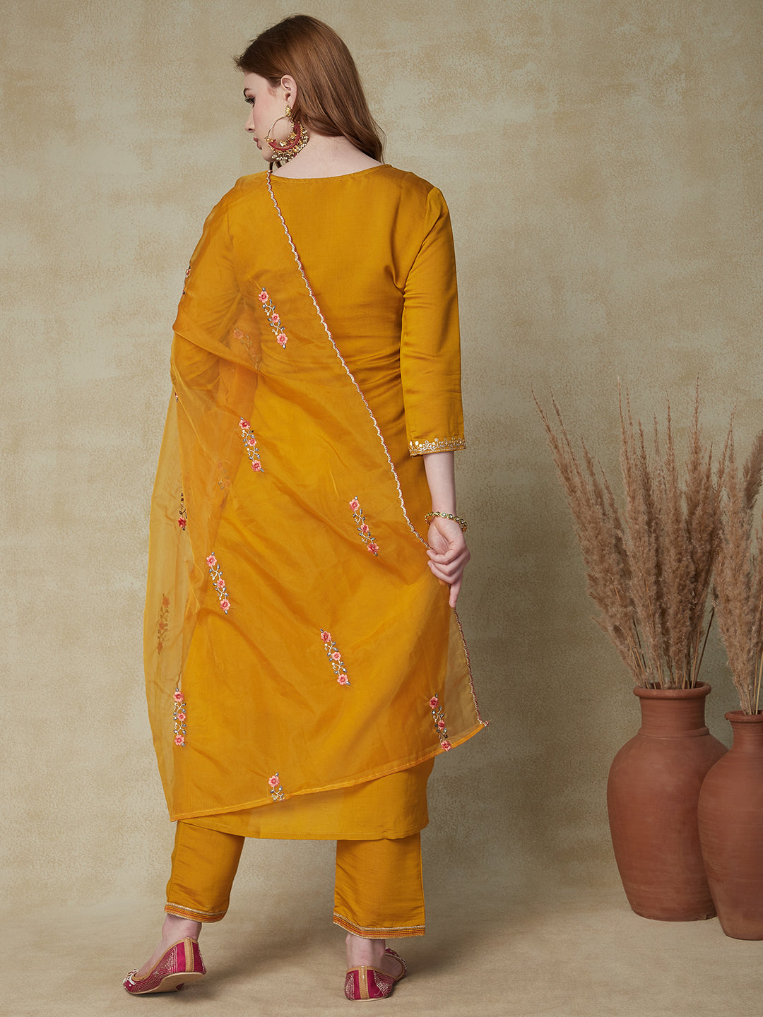 Solid Mirror, Zari & Resham Embroidered Kurta With Pants & Embroidered Dupatta - Mustard