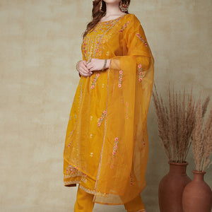 Solid Mirror, Zari & Resham Embroidered Kurta With Pants & Embroidered Dupatta - Mustard