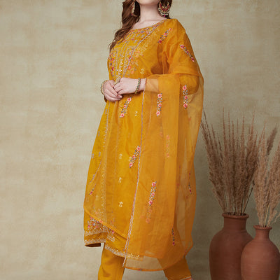 Solid Mirror, Zari & Resham Embroidered Kurta With Pants & Embroidered Dupatta - Mustard