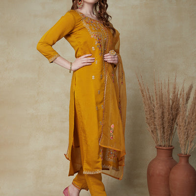 Solid Mirror, Zari & Resham Embroidered Kurta With Pants & Embroidered Dupatta - Mustard
