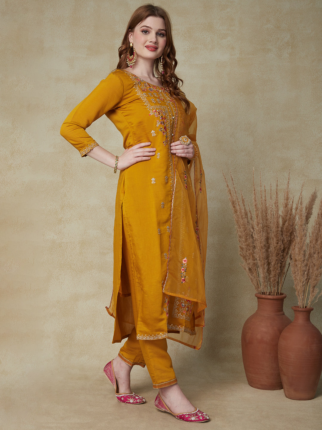 Solid Mirror, Zari & Resham Embroidered Kurta With Pants & Embroidered Dupatta - Mustard