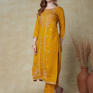 Solid Mirror, Zari & Resham Embroidered Kurta With Pants & Embroidered Dupatta - Mustard