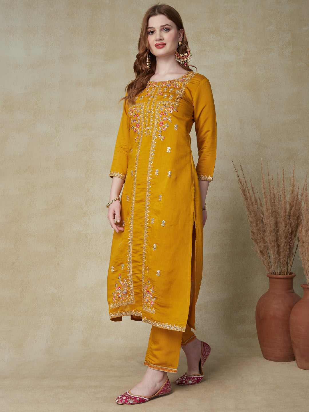 Solid Mirror, Zari & Resham Embroidered Kurta With Pants & Embroidered Dupatta - Mustard