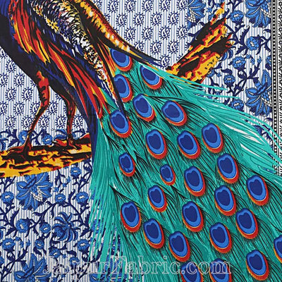 Blue Border Indigo Blue Two Large Peacock Pigment Print Cotton Double Bedsheet