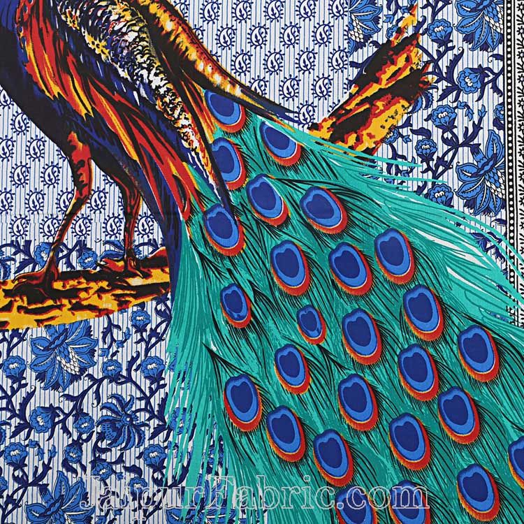 Blue Border Indigo Blue Two Large Peacock Pigment Print Cotton Double Bedsheet