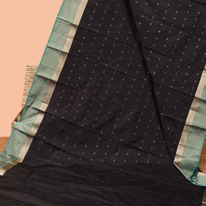 Black zari design soft silk saree, contrast zari border & zari striped pallu