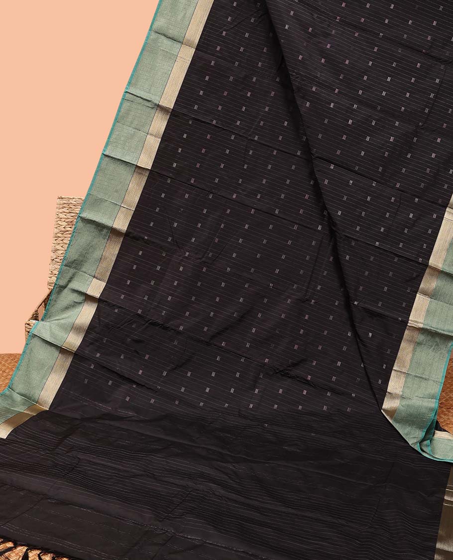 Black zari design soft silk saree, contrast zari border & zari striped pallu