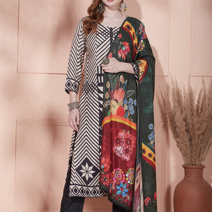 Geometric Stripes Printed Straight Kurta with Pant & Printed Dupatta - Beige