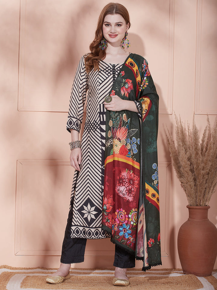 Geometric Stripes Printed Straight Kurta with Pant & Printed Dupatta - Beige