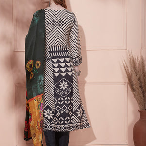 Geometric Stripes Printed Straight Kurta with Pant & Printed Dupatta - Beige