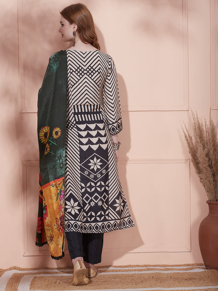 Geometric Stripes Printed Straight Kurta with Pant & Printed Dupatta - Beige