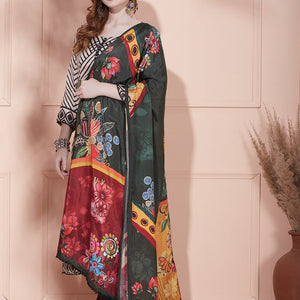 Geometric Stripes Printed Straight Kurta with Pant & Printed Dupatta - Beige