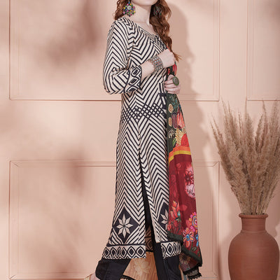 Geometric Stripes Printed Straight Kurta with Pant & Printed Dupatta - Beige