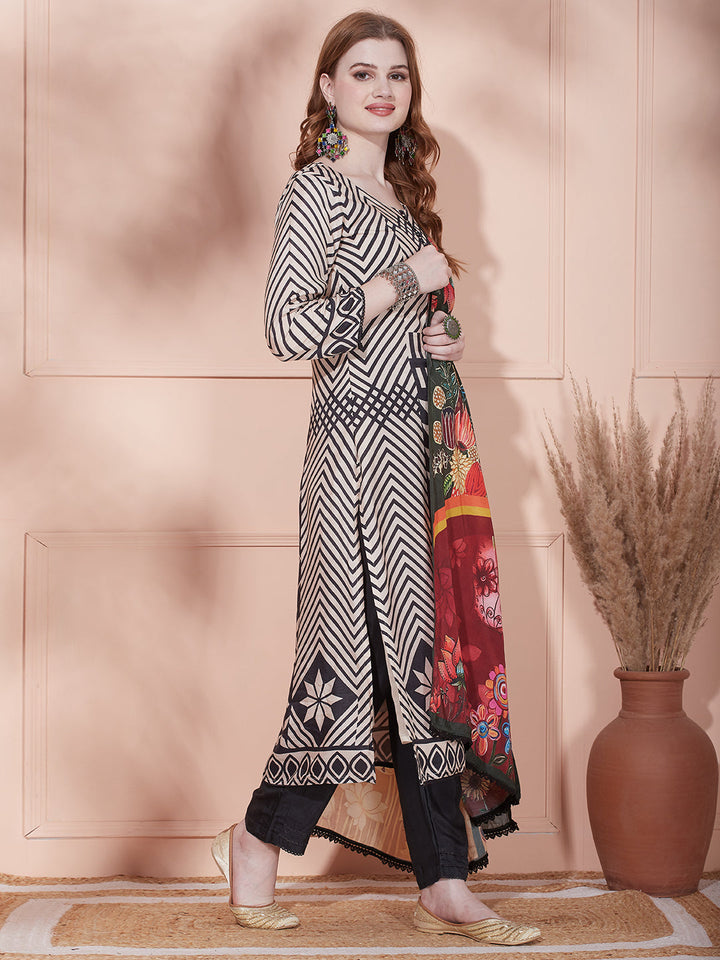 Geometric Stripes Printed Straight Kurta with Pant & Printed Dupatta - Beige