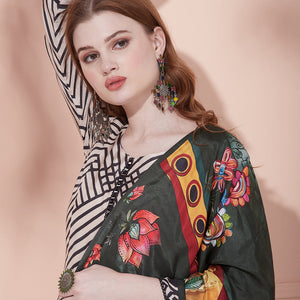 Geometric Stripes Printed Straight Kurta with Pant & Printed Dupatta - Beige