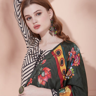 Geometric Stripes Printed Straight Kurta with Pant & Printed Dupatta - Beige