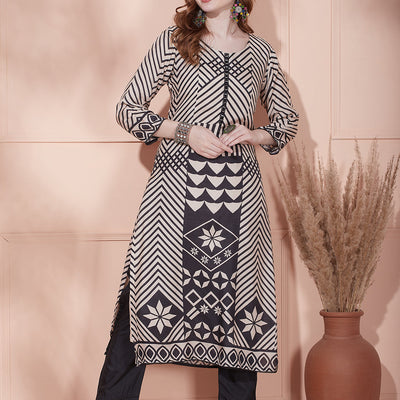 Geometric Stripes Printed Straight Kurta with Pant & Printed Dupatta - Beige