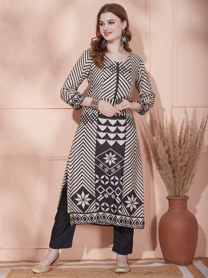 Geometric Stripes Printed Straight Kurta with Pant & Printed Dupatta - Beige