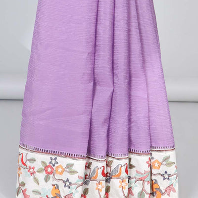 Violet plain design crushed tissue saree, contrast floral & bird design border & pallu