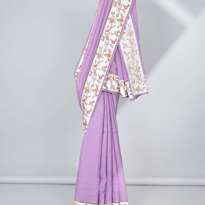 Violet plain design crushed tissue saree, contrast floral & bird design border & pallu