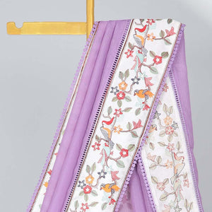 Violet plain design crushed tissue saree, contrast floral & bird design border & pallu