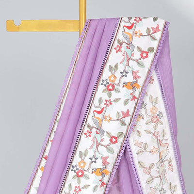 Violet plain design crushed tissue saree, contrast floral & bird design border & pallu