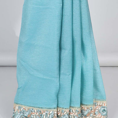 Blue plain design crushed tissue saree, contrast floral & bird embroidery border