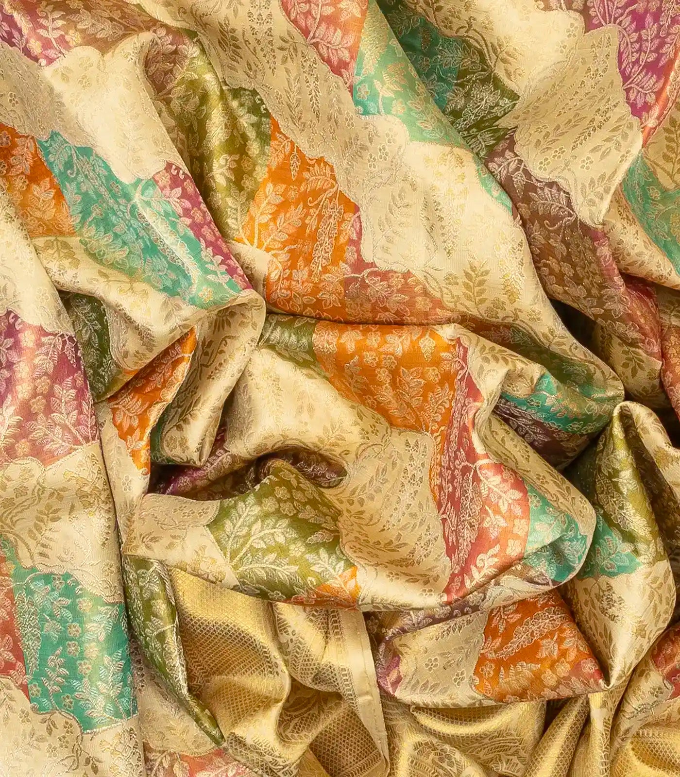 Beige Handloom Kanchipuram Tissue Silk Saree With Meena Floral Motifs