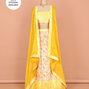 Yellow floral printed art silk half saree, contrast traditional design border, jacquard blouse & dhavani