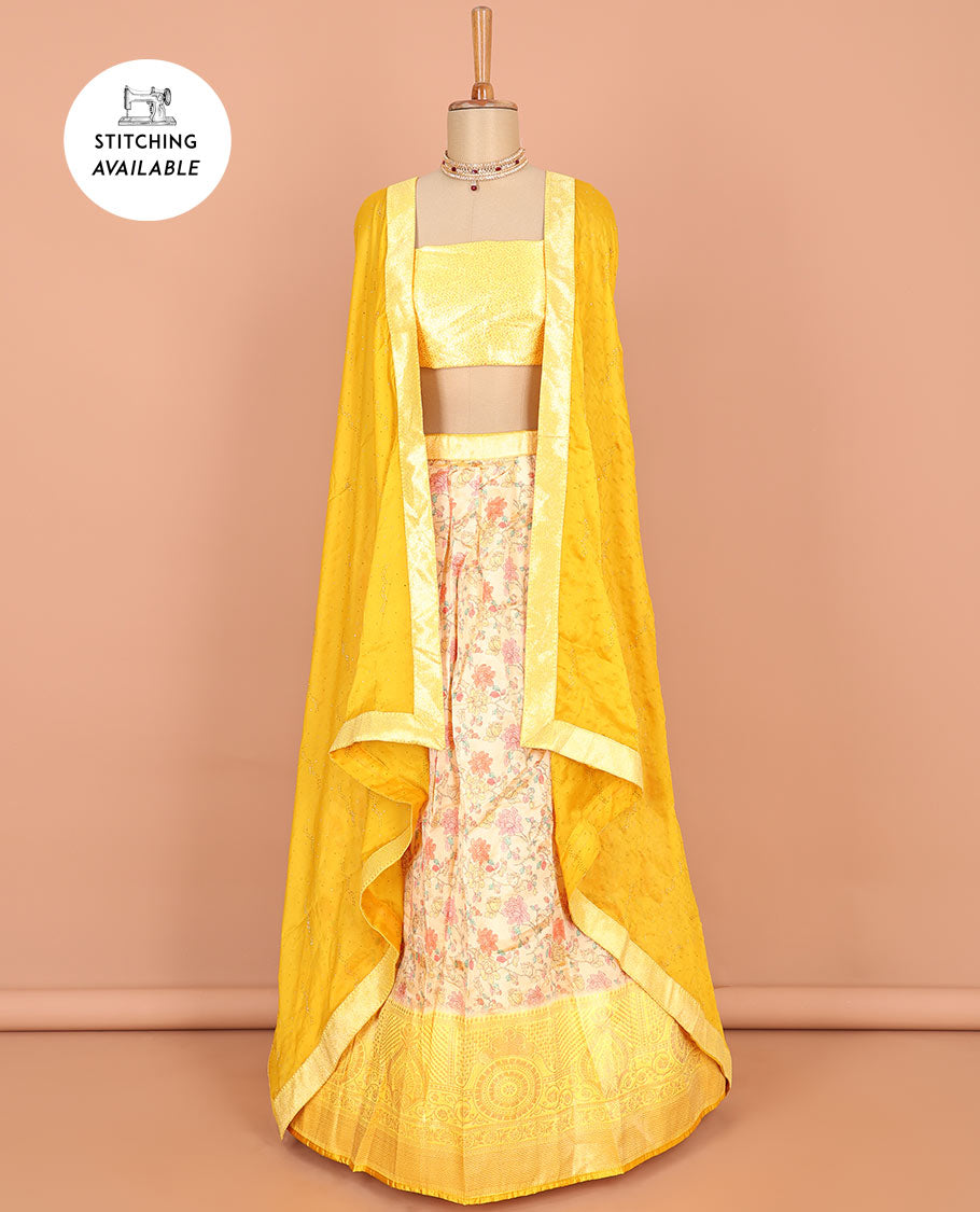 Yellow floral printed art silk half saree, contrast traditional design border, jacquard blouse & dhavani