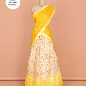 Yellow floral printed art silk half saree, contrast traditional design border, jacquard blouse & dhavani