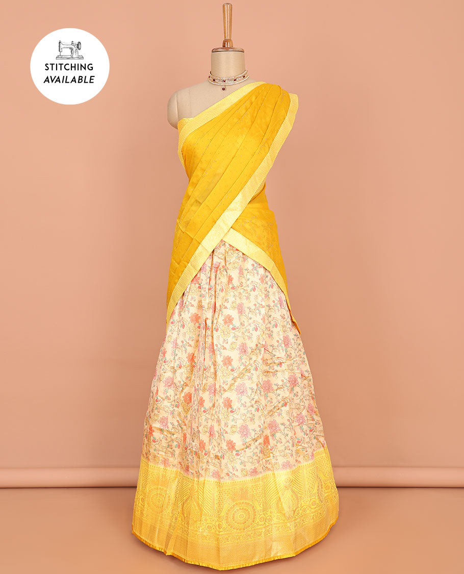 Yellow floral printed art silk half saree, contrast traditional design border, jacquard blouse & dhavani
