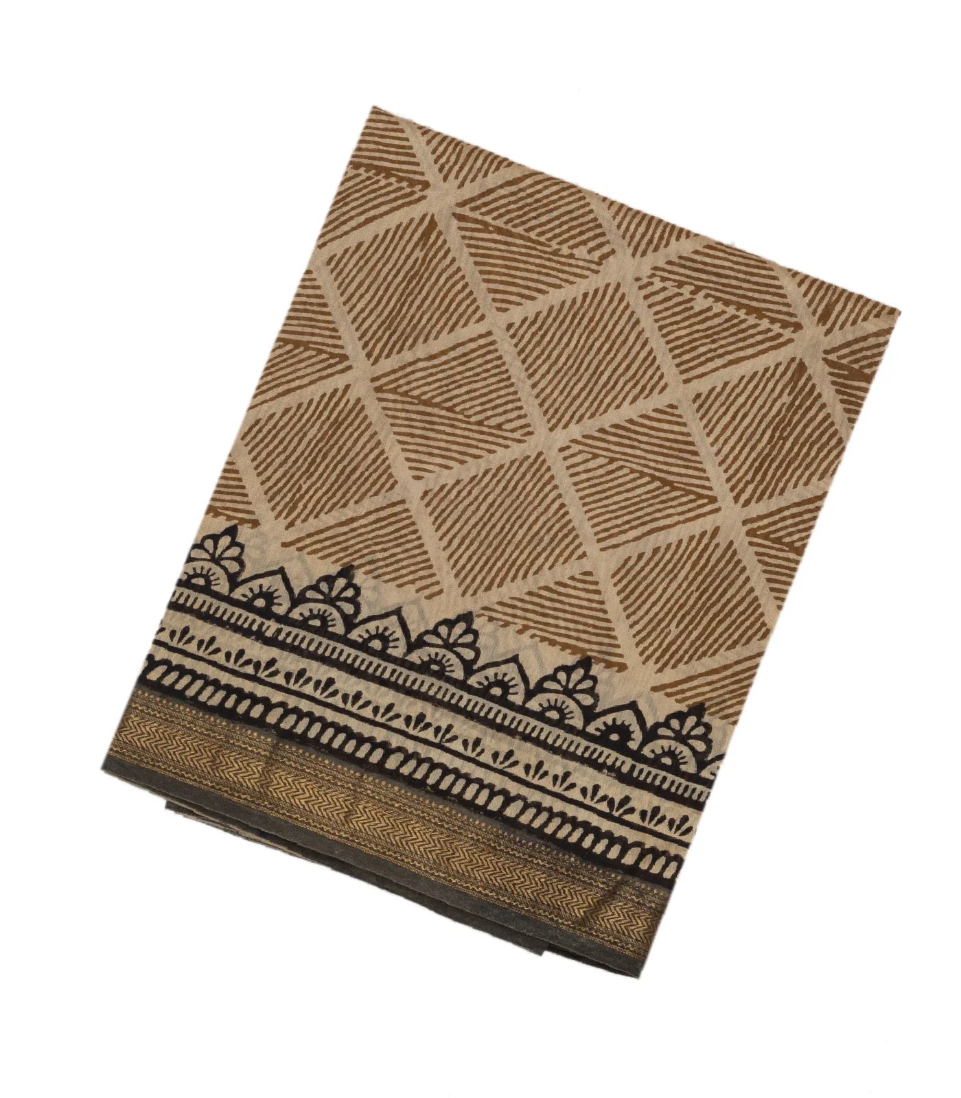 Beige Handloom Chanderi Cotton Saree With Printed Diamond Motifs