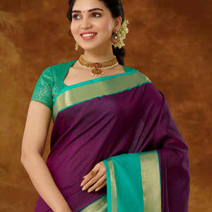 Purple striped vasundhara elite silk saree, contrast rettai pettu traditional zari design border & intricate pallu