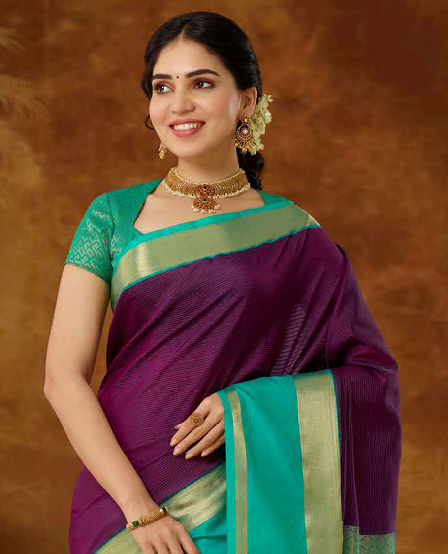 Purple striped vasundhara elite silk saree, contrast rettai pettu traditional zari design border & intricate pallu