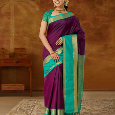 Purple striped vasundhara elite silk saree, contrast rettai pettu traditional zari design border & intricate pallu