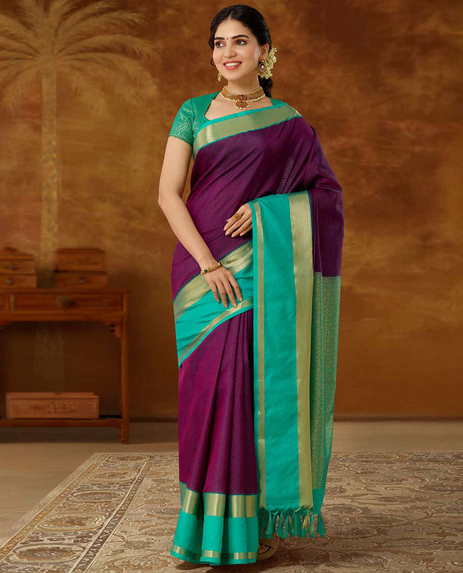Purple striped vasundhara elite silk saree, contrast rettai pettu traditional zari design border & intricate pallu