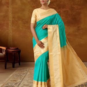 Blue vasundhara elite saree, contrast rettai pettu zari traditional design border & intricate pallu