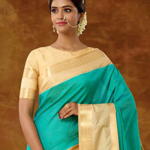 Blue vasundhara elite saree, contrast rettai pettu zari traditional design border & intricate pallu