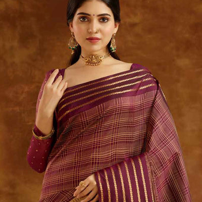 Maroon checked Vasundhara elite silk saree,  contrast traditional zari design border & intricate pallu
