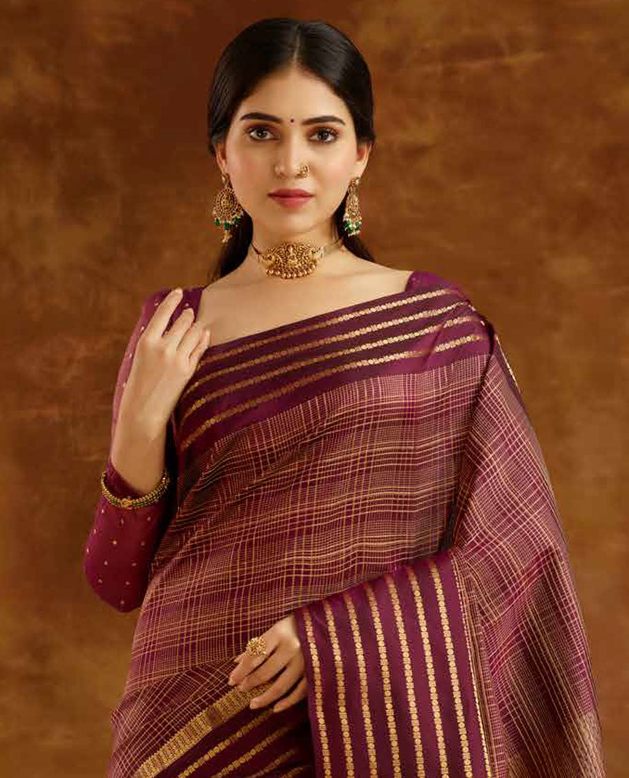 Maroon checked Vasundhara elite silk saree,  contrast traditional zari design border & intricate pallu